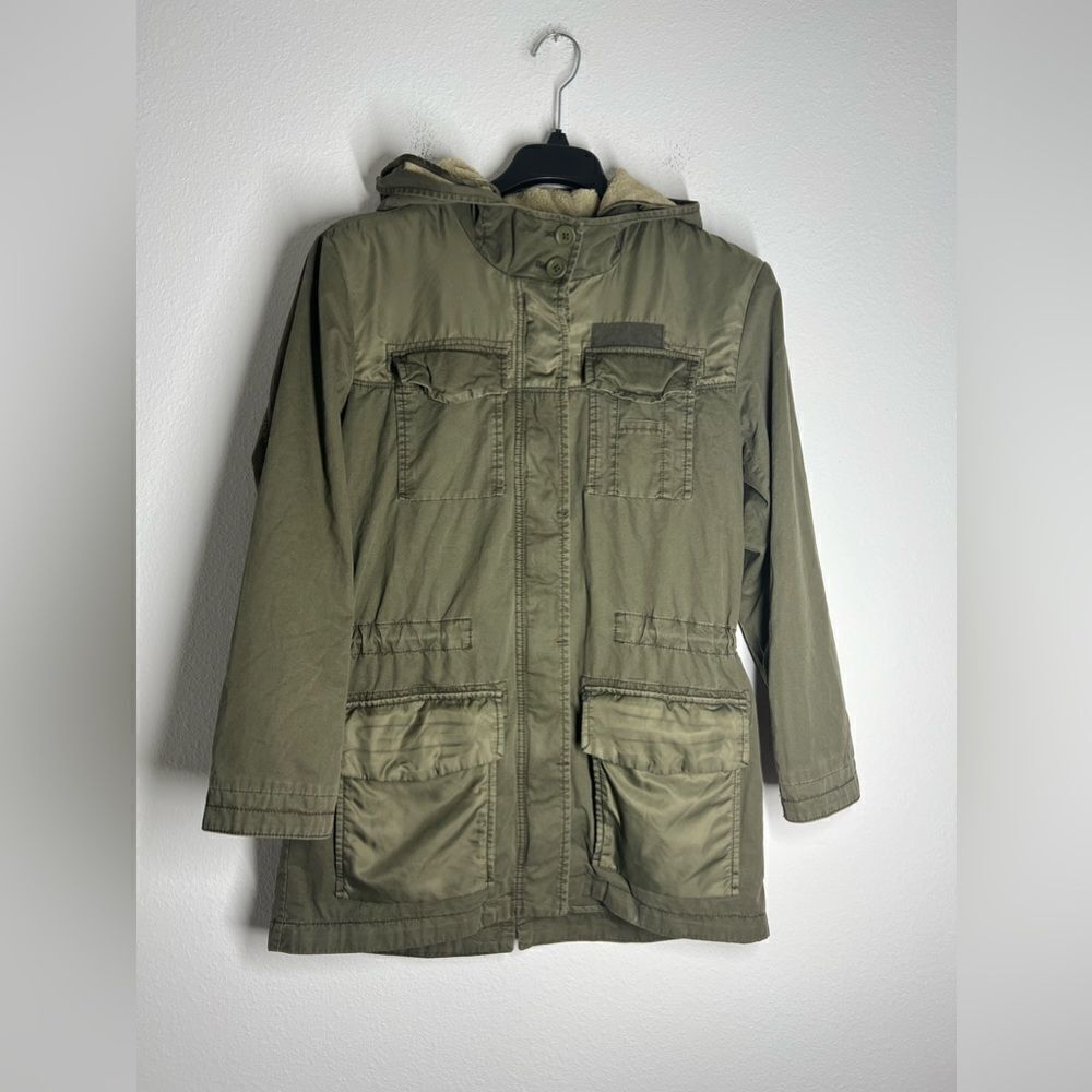 Edc Womens Jacket Size Xs Utility Military Hood Zip Button Lined Faux Fur